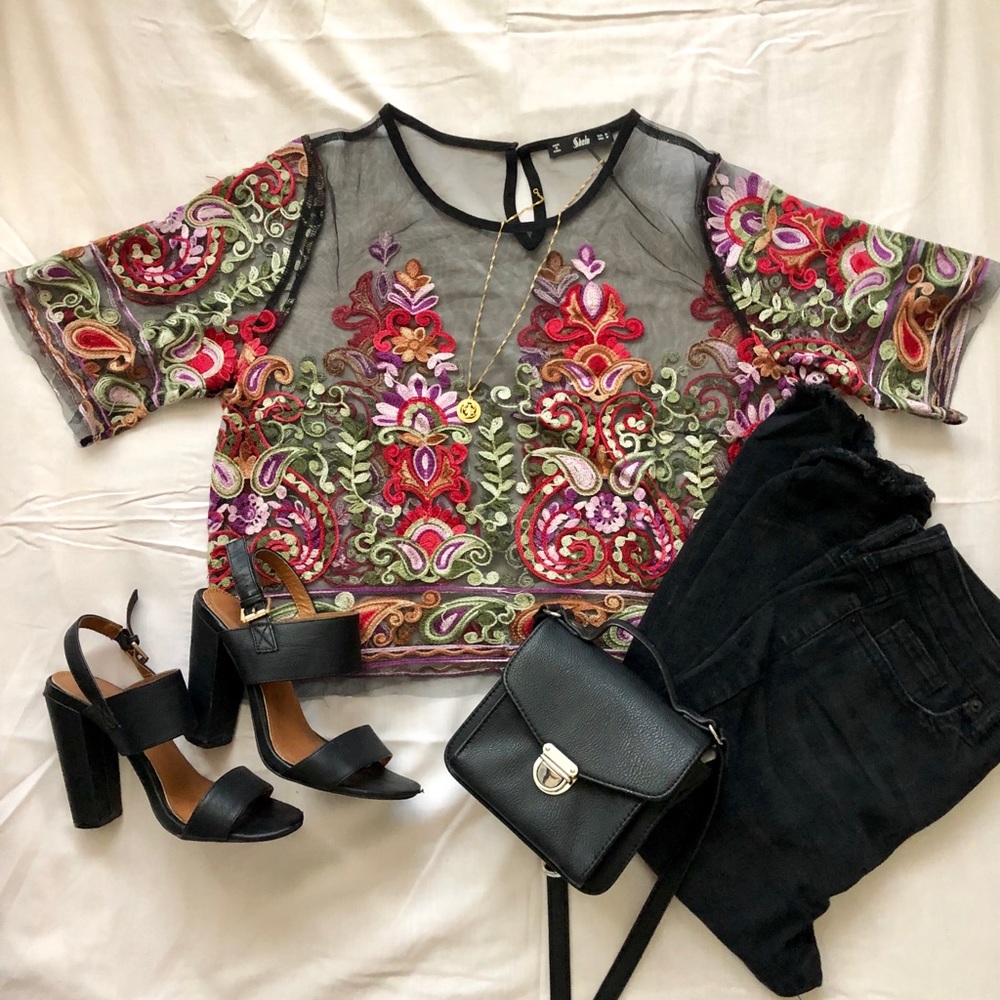 SHEIN Embroidered Mesh Crop Top